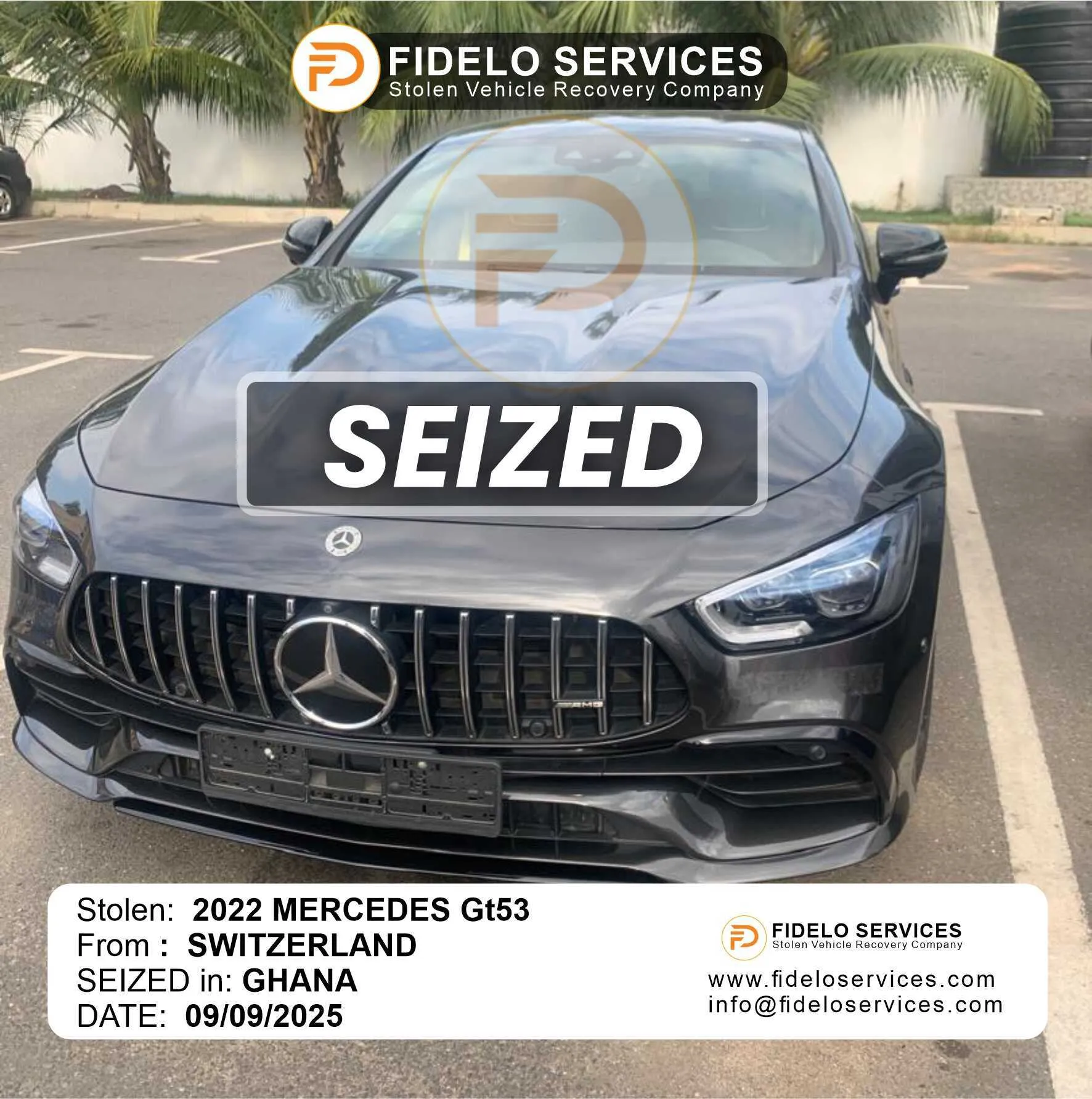 Stolen 2022 Mercedes-Benz GT53 from Switzerland Seized in Ghana by Fidelo Services 